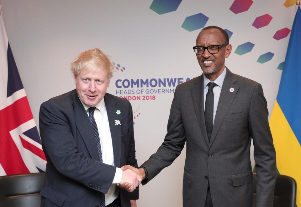 Boris Johnson with the president of Rwanda, Paul Kagame, at the Chogm in London in 2018 (Aaron Chown/PA) (PA Archive)