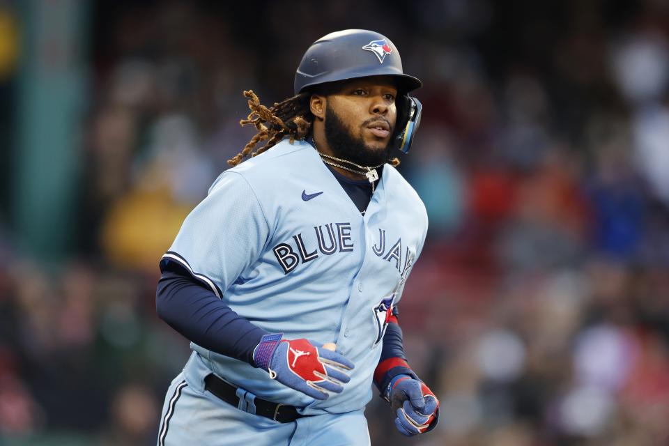 Toronto Blue Jays' Vladimir Guerrero Jr. runs on his solo home run during the fourth inning of a baseball game against the Boston Red Sox, Thursday, May 4, 2023, in Boston. (AP Photo/Michael Dwyer)