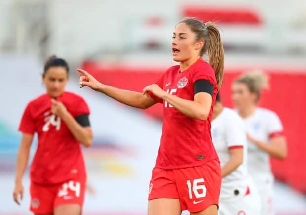 Canada forward Janine Beckie is seen during a friendly match against England in Stoke-on-Trent in April. (Catherine Ivill/Getty Images - image credit)