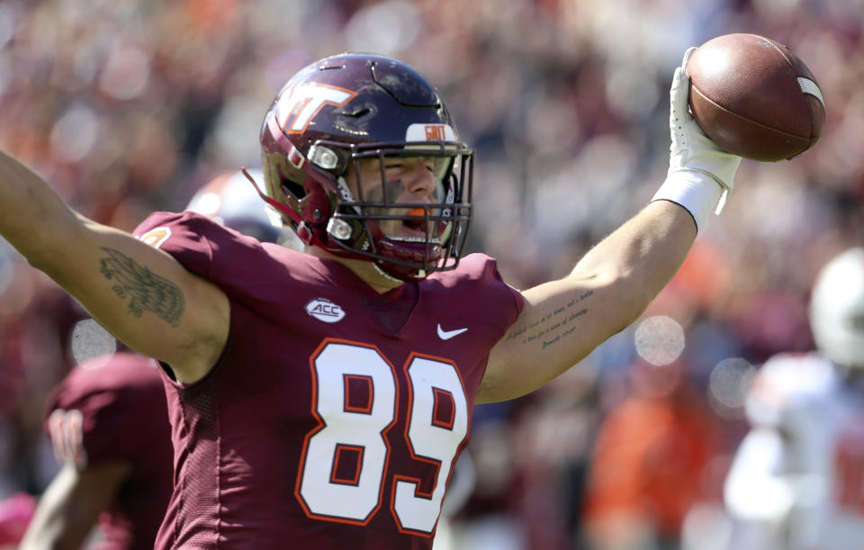 Virginia Tech tight end Drake DeIuliis (89) celebrates a touchdown against Syracuse during the first half of of an NCAA college football game in Blacksburg Va., Saturday, Oct. 23 2021. (Matt Gentry/The Roanoke Times via AP)