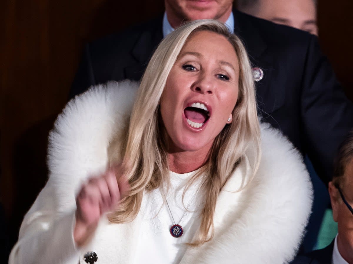 File image:  Known for her controversial conspiracy theories and support for Q-Anon, Greene is now rising through the ranks in GOP  (EPA)