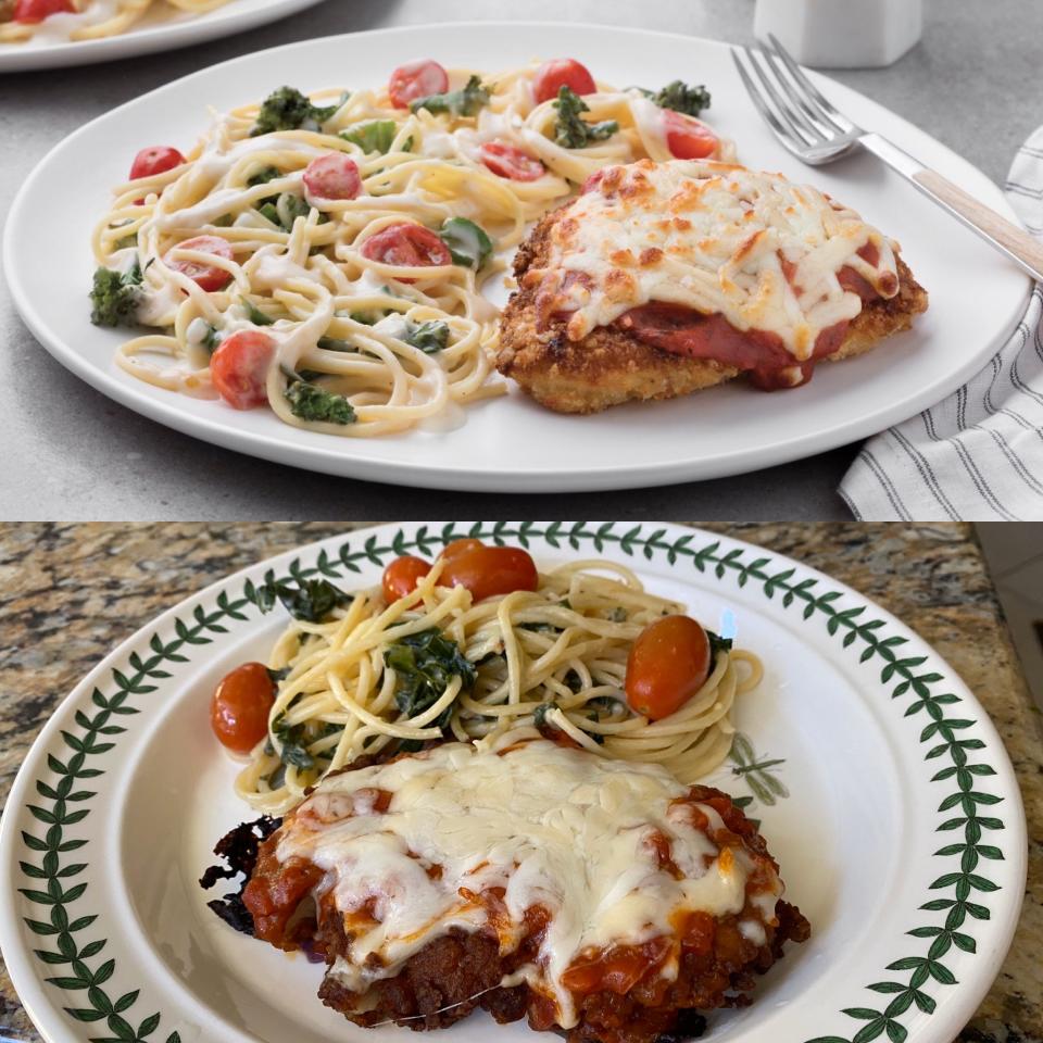 Top: Chick-fil-A Chicken Parmesan marketing photo; Bottom: Yahoo Finance's cooked version.