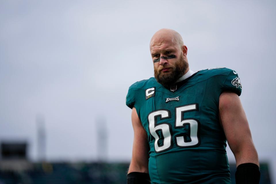 Philadelphia Eagles offensive tackle Lane Johnson leaves the field after an NFL football game against the Arizona Cardinals, Sunday, Dec. 31, 2023, in Philadelphia. The Cardinals won 35-31. (AP Photo/Matt Slocum)