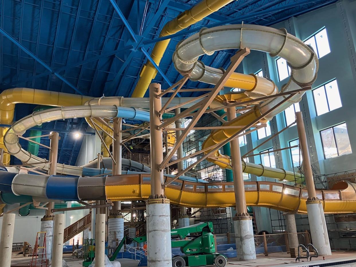 One of the projects being considered for Fayetteville could possibly be like a Great Wolf Lodge, according to Robert Van Geons, CEO and president of the FCEDC during Monday's, May 6, 2024, City Council work session meeting. In this photo, construction gear is seen beneath a waterslide as construction winds down on a Great Wolf Lodge in Naples, Florida.