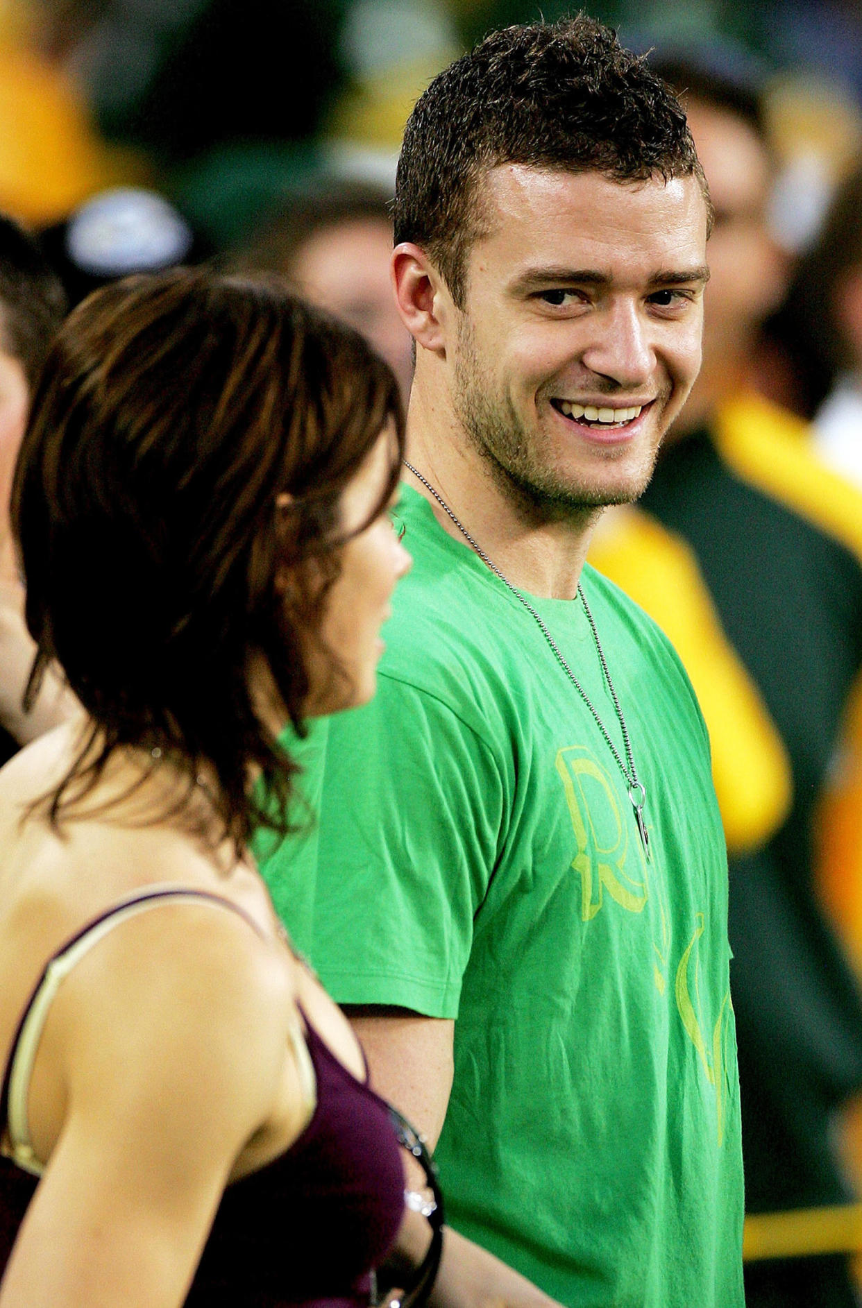 Jessica Biel and Justin Timberlake at a 2007 Green Bay Packers game (Matthew Stockman / Getty Images)