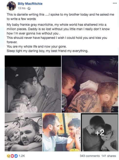 A message posted on behalf of Billy MacRitchie, father of Frankie MacRitchie, who died after being attacked by a dog at a holiday park in Looe, Cornwall, on Saturday.