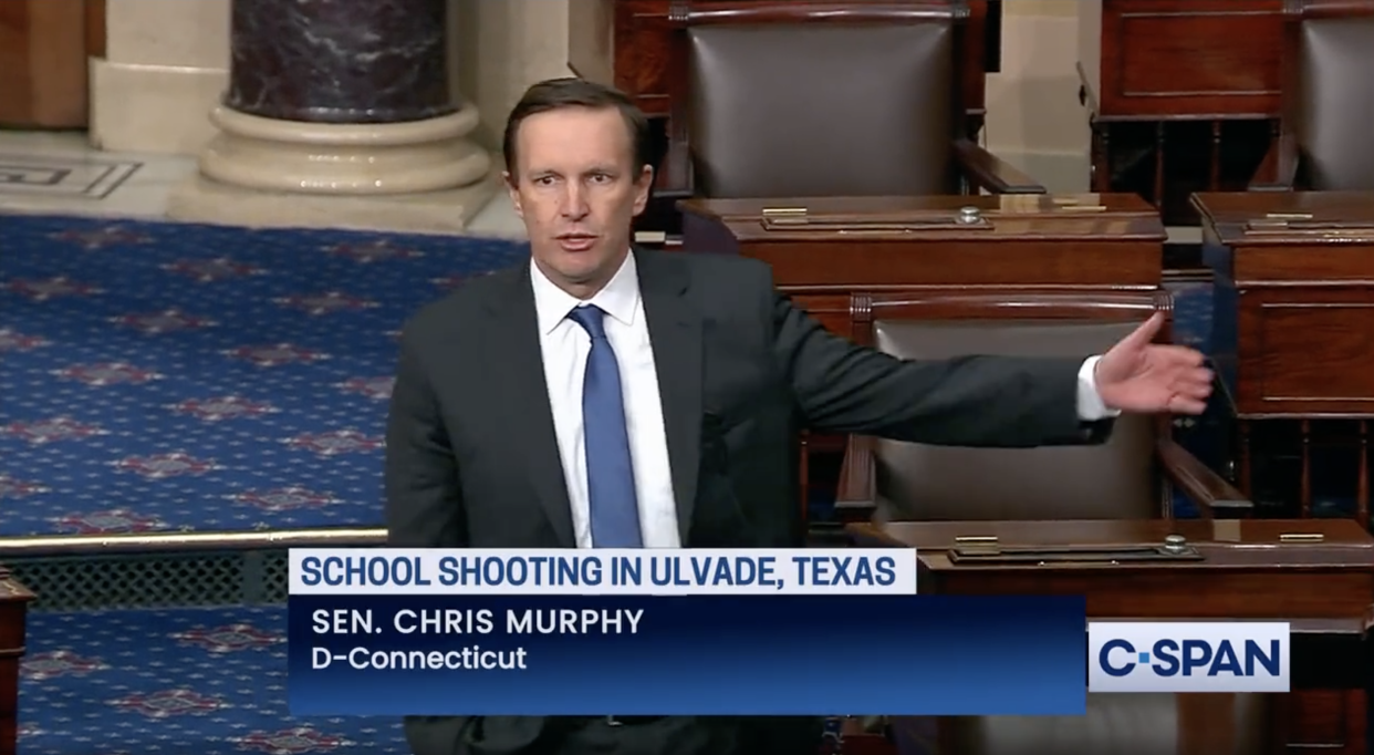 Sen. Chris Murphy, D-Conn., speaks on the Senate floor following Tuesday's mass shooting in Texas. 