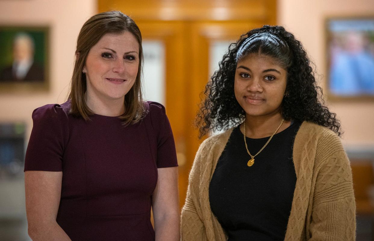 Audra Doody, left, and Aliya Addo were presented with the Woman and Young Woman of Consequence awards during a ceremony Wednesday on International Women’s Day at Worcester City Hall.