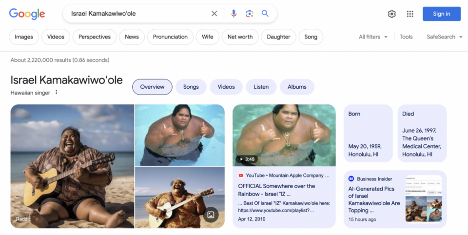 Google Image results in an Incognito Window show an AI-generated image of Hawaiian singer Israel Kamakawiwo'ole as its top result. Image via screenshot. 