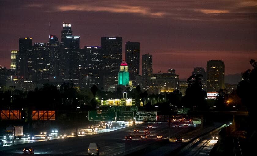 LOS ANGELES, CA - AUGUST 4, 2022: City Hall is lit up Wednesday night, Aug. 4 in Los Angeles, California.