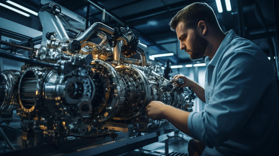 A technician inspecting a specialized industrial machinery in an engineering lab.