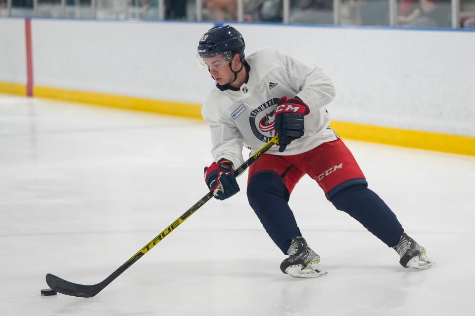 Jul. 12, 2022; Lewis Center, OH USA;  Columbus Blue Jackets forward Jordan Dumais skates during development camp at the OhioHealth Chiller North in Lewis Center on July 12, 2022. Mandatory Credit: Adam Cairns-The Columbus Dispatch