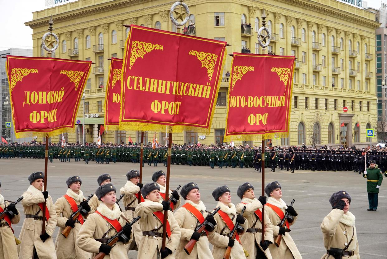 Russian troops dressed in historical uniforms march in a military parade for the 80th anniversary of Stalingrad in Volgograd (AFP/Getty)