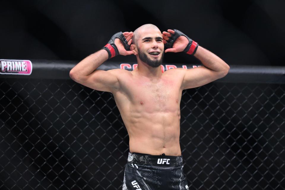 MANCHESTER, ENGLAND – JULY 27: Muhammad Mokaev of Russia celebrates his victory over Manel Kape of Angola in the flyweight bout during the UFC 304 event at Co-op Live on July 27, 2024 in Manchester, England.  (Photo by Ben Roberts Photo/Getty Images)