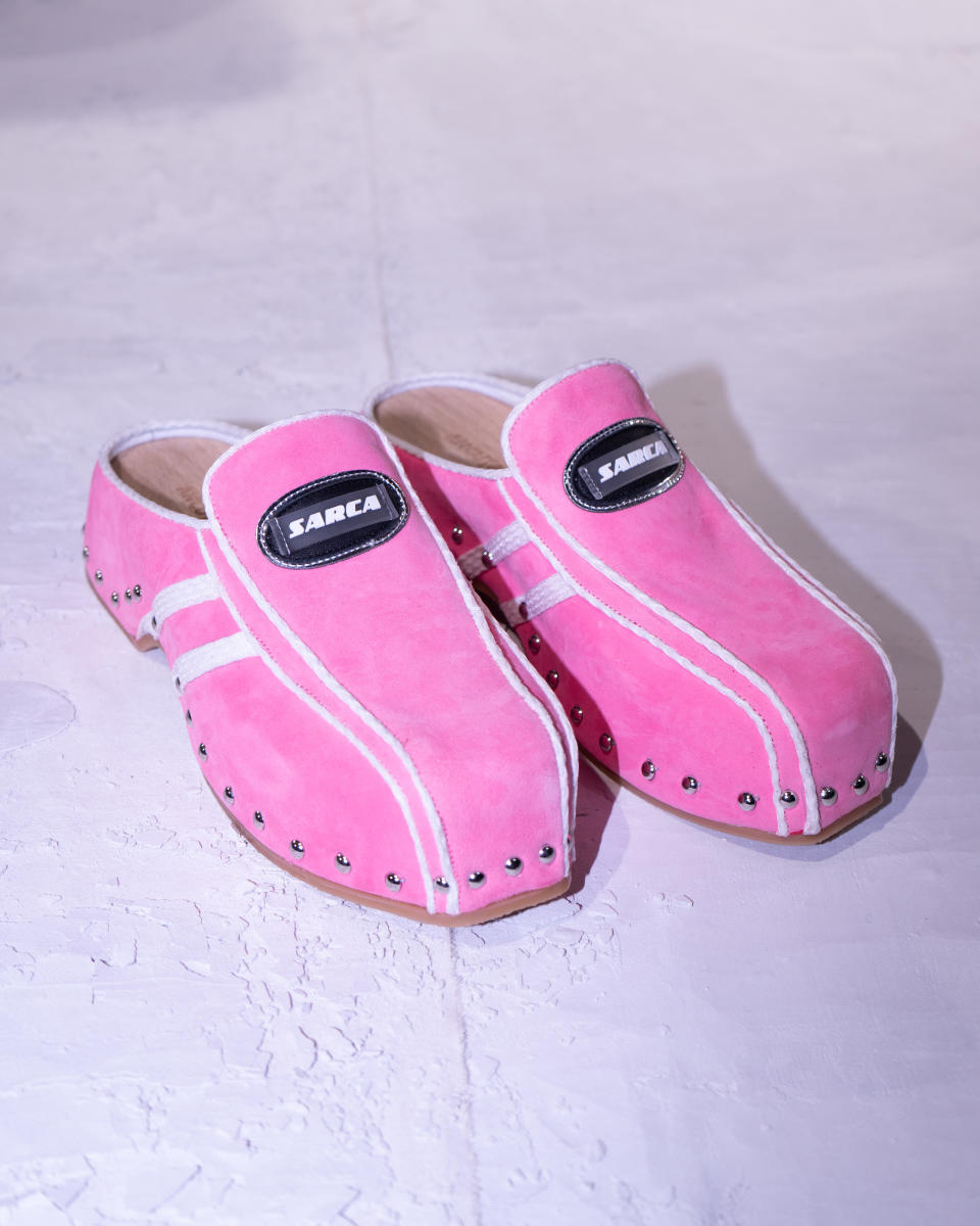 Ancuta Sarca pink suede clogs upcycled spring 2024 collection