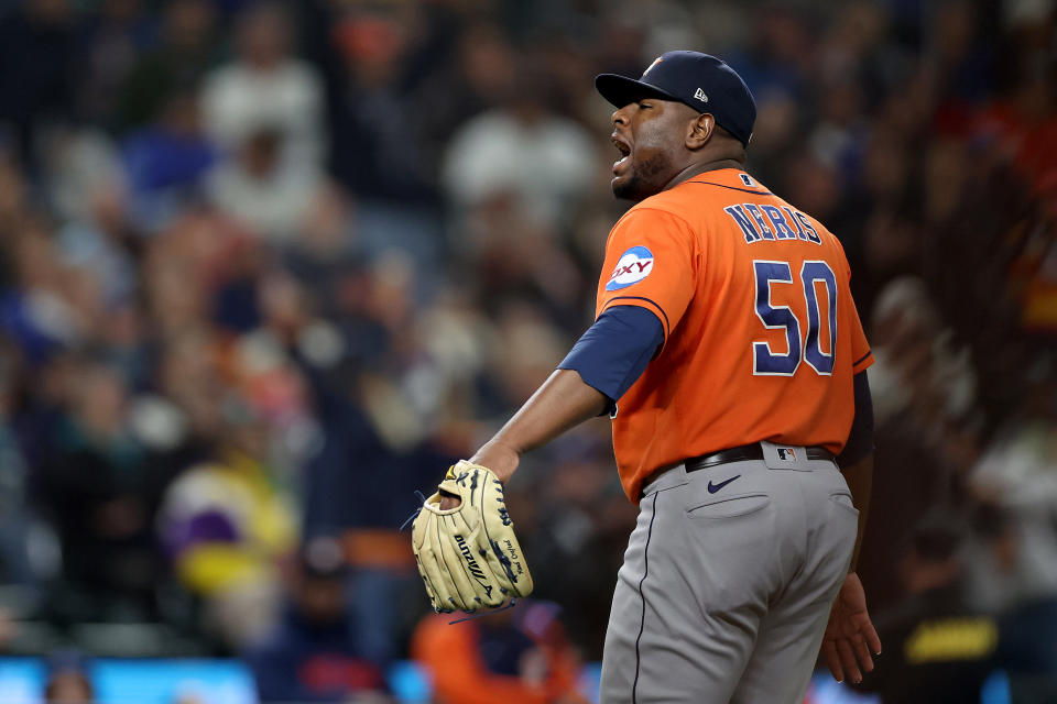 SEATTLE, WASHINGTON - SEPTEMBER 27: Hector Neris #50 of the Houston Astros reacts after striking out Julio Rodriguez #44 of the Seattle Mariners during the sixth inning at T-Mobile Park on September 27, 2023 in Seattle, Washington. (Photo by Steph Chambers/Getty Images)