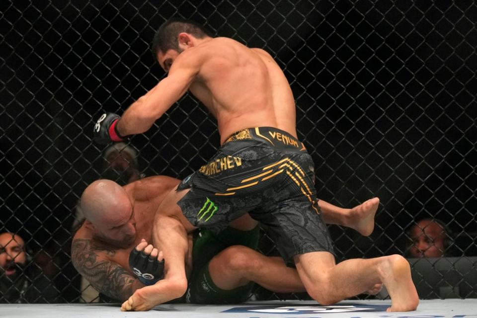 Makhachev dropped Alexander Volkanovski with a head kick in October before sealing the finish (AP)