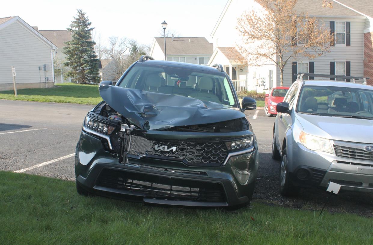 Police accident investigation photo of the Kia that a Columbus police officer, Demetris A. Ortega, 50, was driving when he killed Naimo Mahdi Abdirahman, 26, in a hit and run crash on Morse Road on April 20, 2022. This photo was taken by investigators the next day.