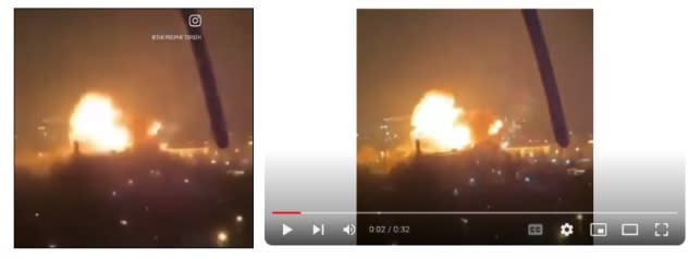 Identical frames from videos of alleged Iranian attack on Israel (left) and Ukrainian strike on Sevastopol (right)