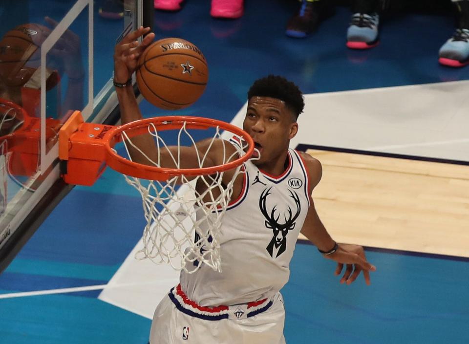 Giannis Antetokounmpo of the Milwaukee Bucks dunks the ball during the first quarter of the 2019 NBA All-Star Game.