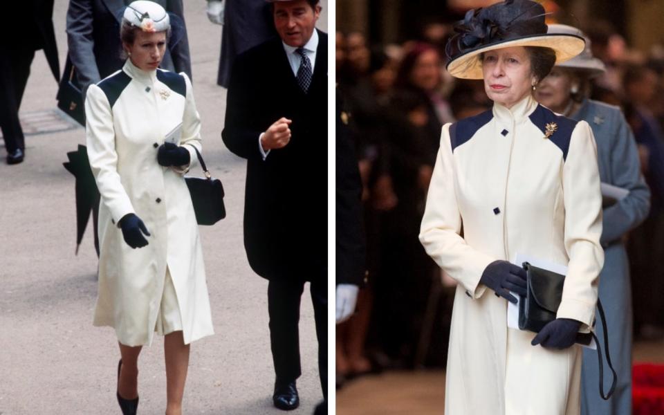 Princess Anne wearing the same coat in 1980 and 2018 - Getty