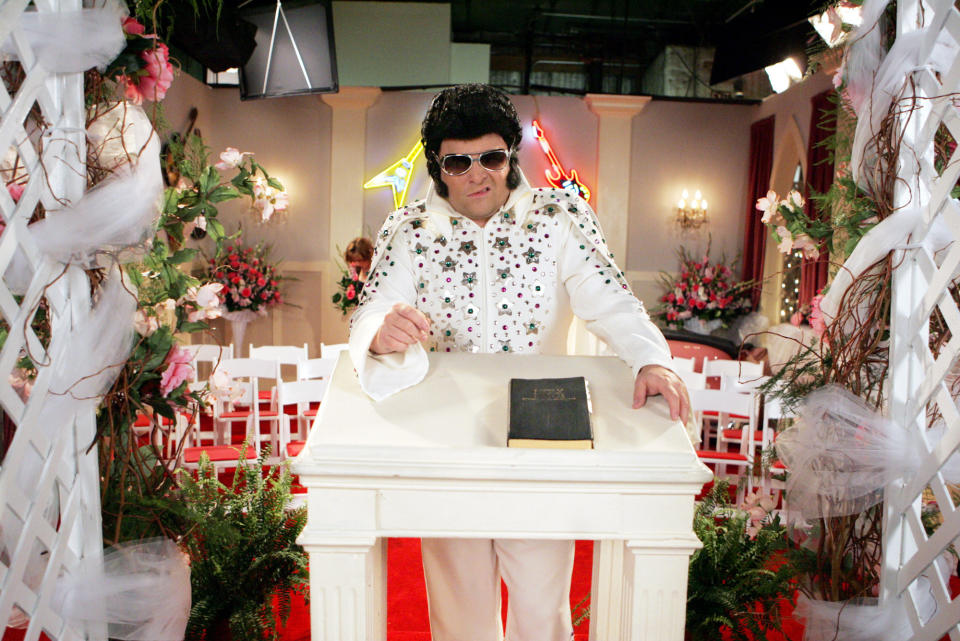 elvis impersonator in a Vegas wedding chapel