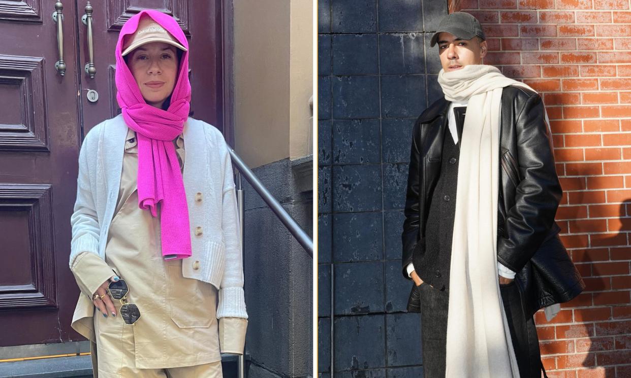 <span>McIntyre Merino co-founder Raquel Boedo (left) loves to turn her scarf into a head-warming hood, while writer Jordan Turner looks for scarves with length.</span><span>Composite: Supplied</span>