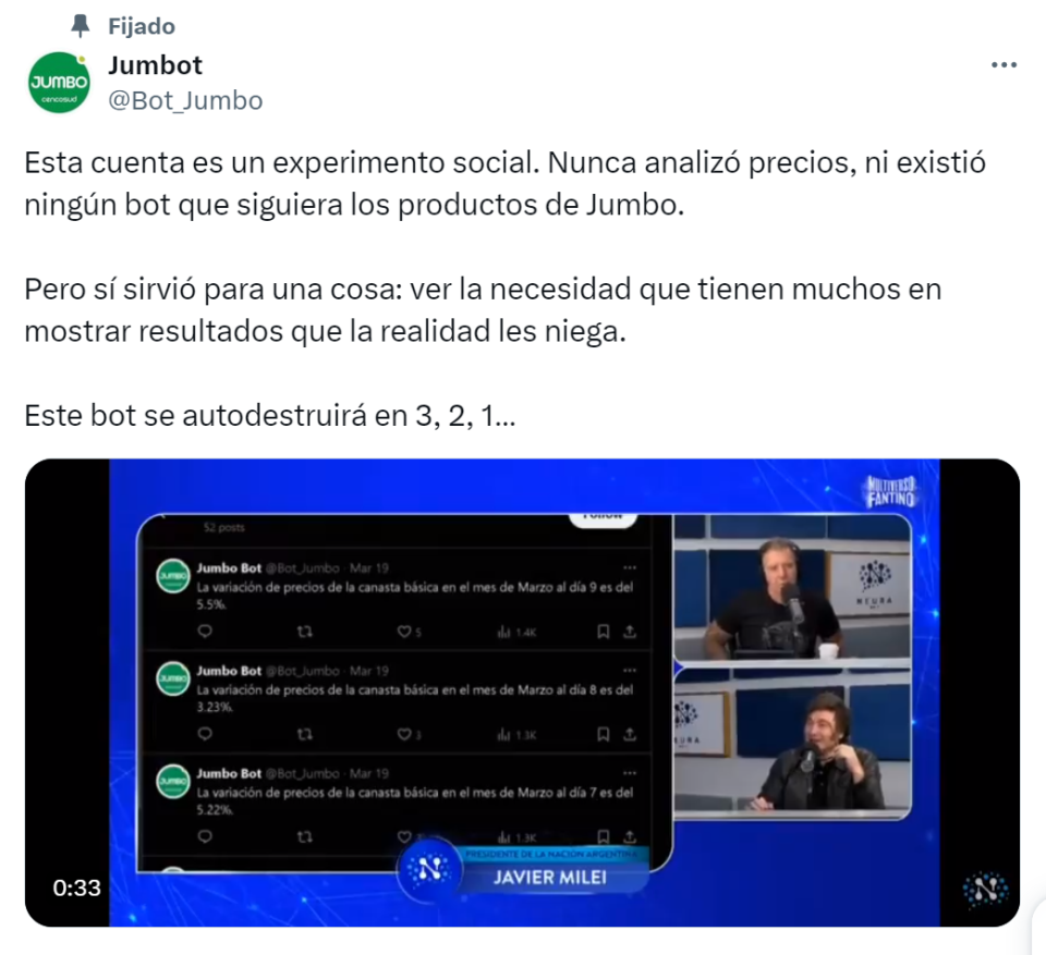 El mensaje que publicó la cuenta de X que se llama Jumbo Bot y engañó a Javier Milei y Luis Caputo