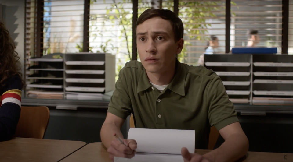 Keir Gilchrist as Sam struggles to speak during a Socratic seminar in "Atypical"