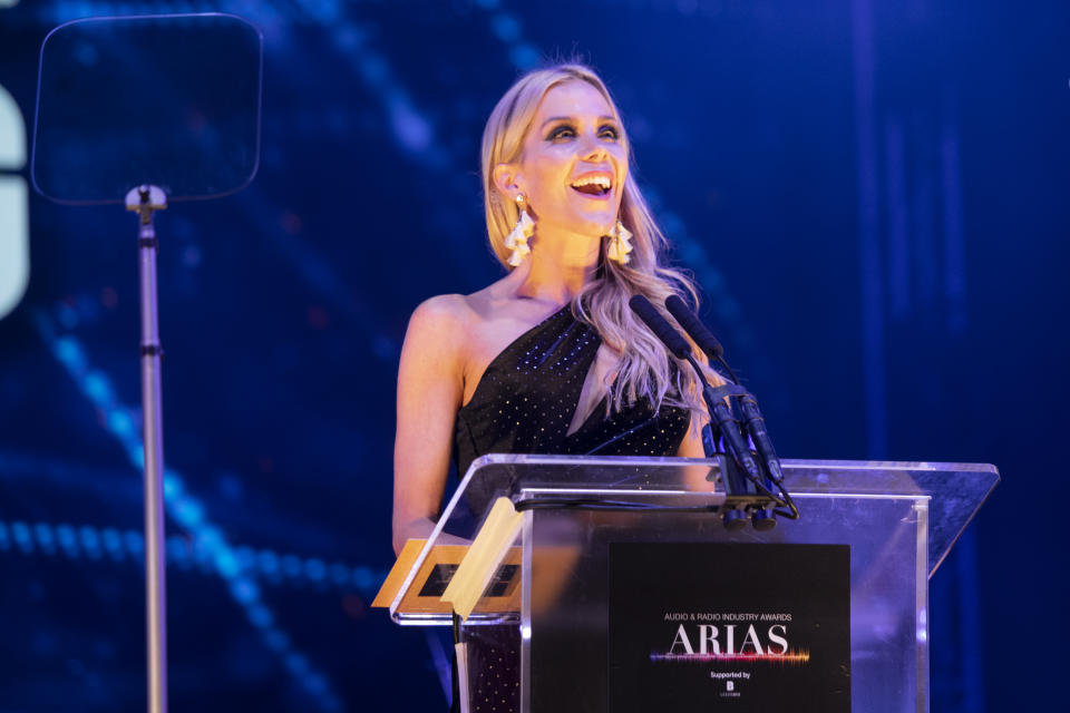 LEEDS, ENGLAND - OCTOBER 18:  Kate Lawler presents an award at the Audio and Radio Industry Awards at First Direct Arena Leeds on October 18, 2018 in Leeds, England.  (Photo by Andrew Benge/Getty Images)