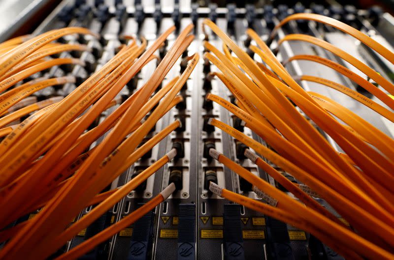 FILE PHOTO: Cables of optical fibre of Telecom Italia are seen in a telephone exchange in Rome