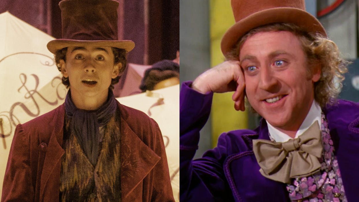  Timothée Chalamet in mid-daydream in Wonka, and Gene Wilder resting his head on his fist in Willy Wonka and the Chocolate Factory, pictured side by side. 