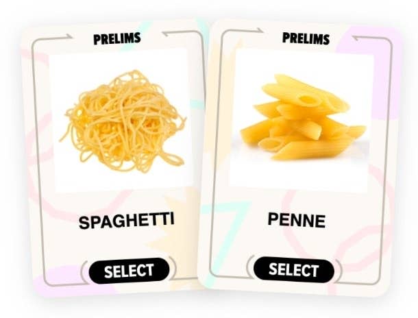 Two cards labeled "Prelims" with "Select" buttons. One shows spaghetti, the other penne pasta