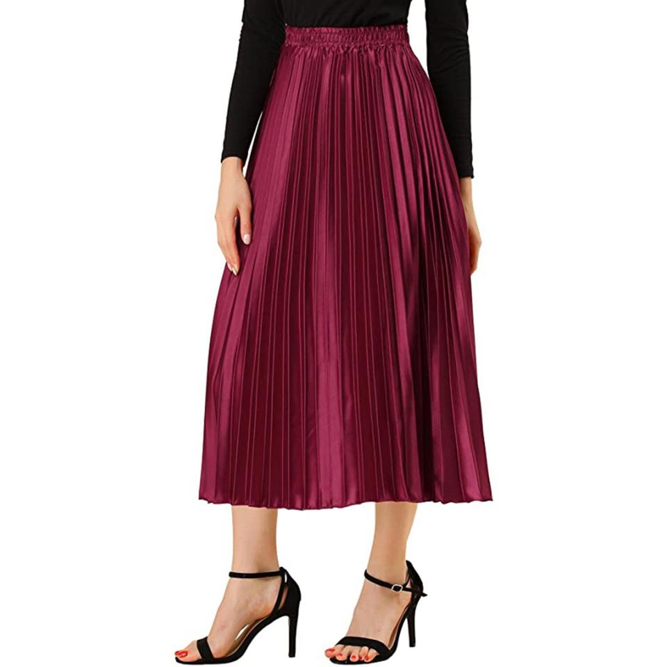 Allegra K Women's Elastic Waist Party Metallic Shiny Accordion Pleated Midi Skirt