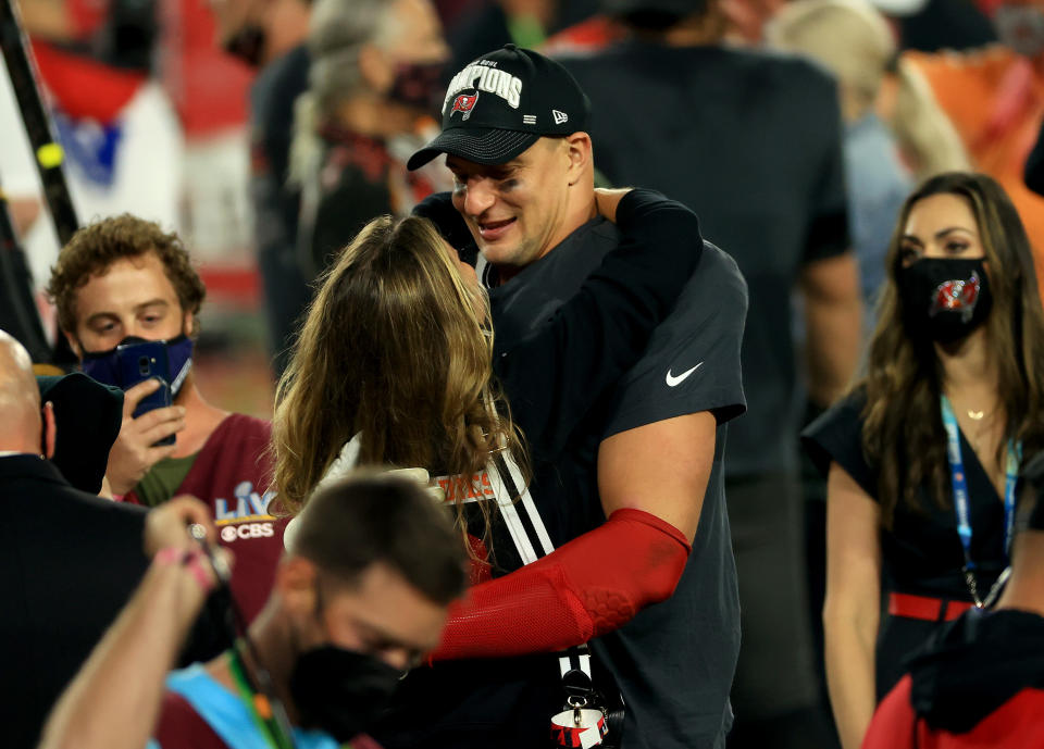 Rob Gronkowski of the Tampa Bay Buccaneers celebrates after defeating the Kansas City Chiefs in Super Bowl LV (Photo by Mike Ehrmann/Getty Images)