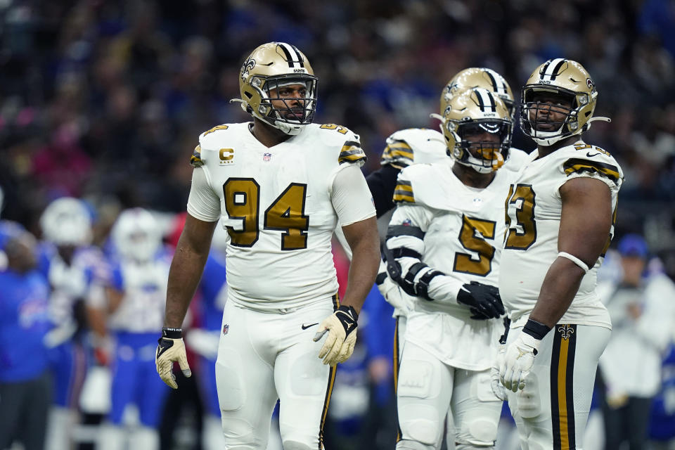 New Orleans Saints defensive end Cameron Jordan (94) reacts between plays in the first half of an NFL football game against the Buffalo Bills in New Orleans, Thursday, Nov. 25, 2021. (AP Photo/Derick Hingle)