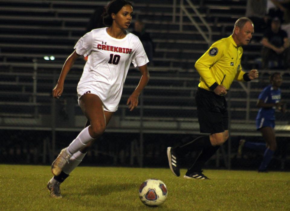 Creekside midfielder Avery Robinson (10) dribbles upfield against Stanton in a January game.