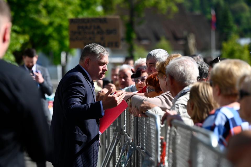 Fico speaking with supporters on Wednesday before the shooting (AP)