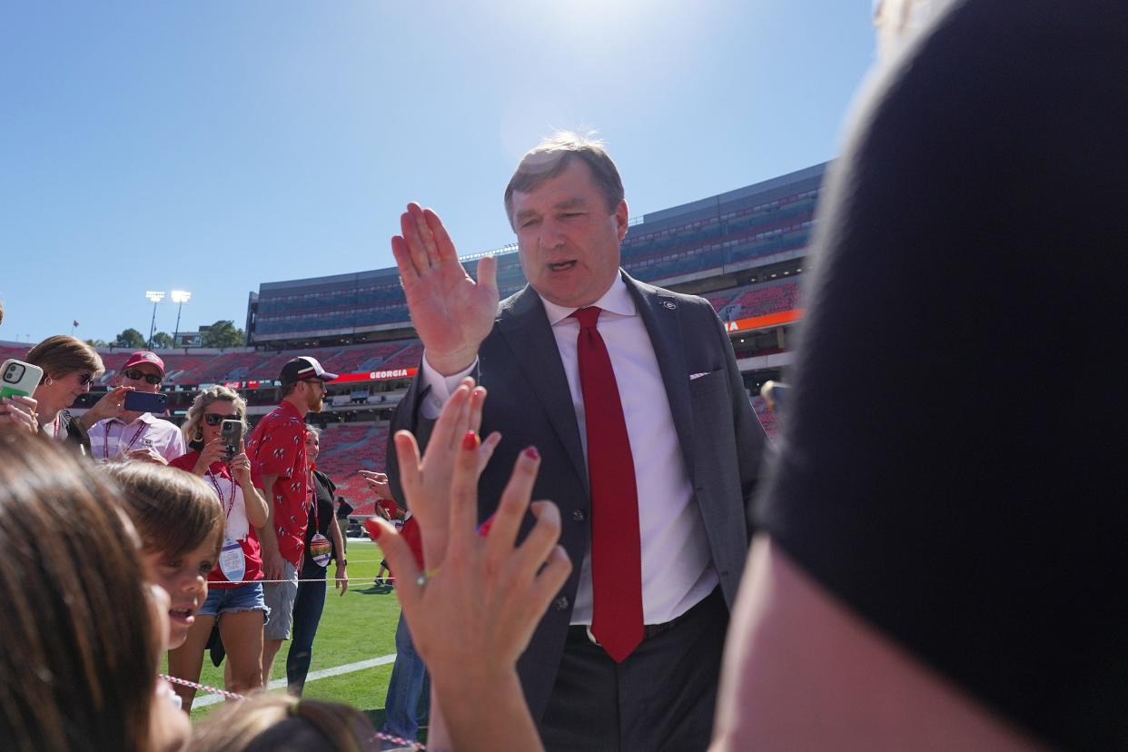 Georgia Head Coach Kirby Smart greets fans in the Dawg Walk before Georgia takes on Vanderbilt at Sanford Stadium in Athens, Ga. on Saturday, Oct. 15th, 2022.