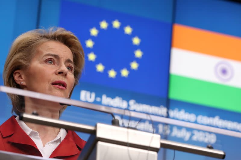 European Commission President Ursula von der Leyen speaks during a news conference after a virtual summit with Indian Prime Minister Narendra Modi, in Brussels