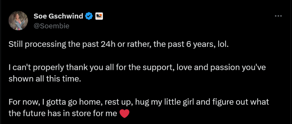 Still processing the past 24h or rather, the past 6 years, lol.   I can't properly thank you all for the support, love and passion you've shown all this time.   For now, I gotta go home, rest up, hug my little girl and figure out what the future has in store for me ❤️