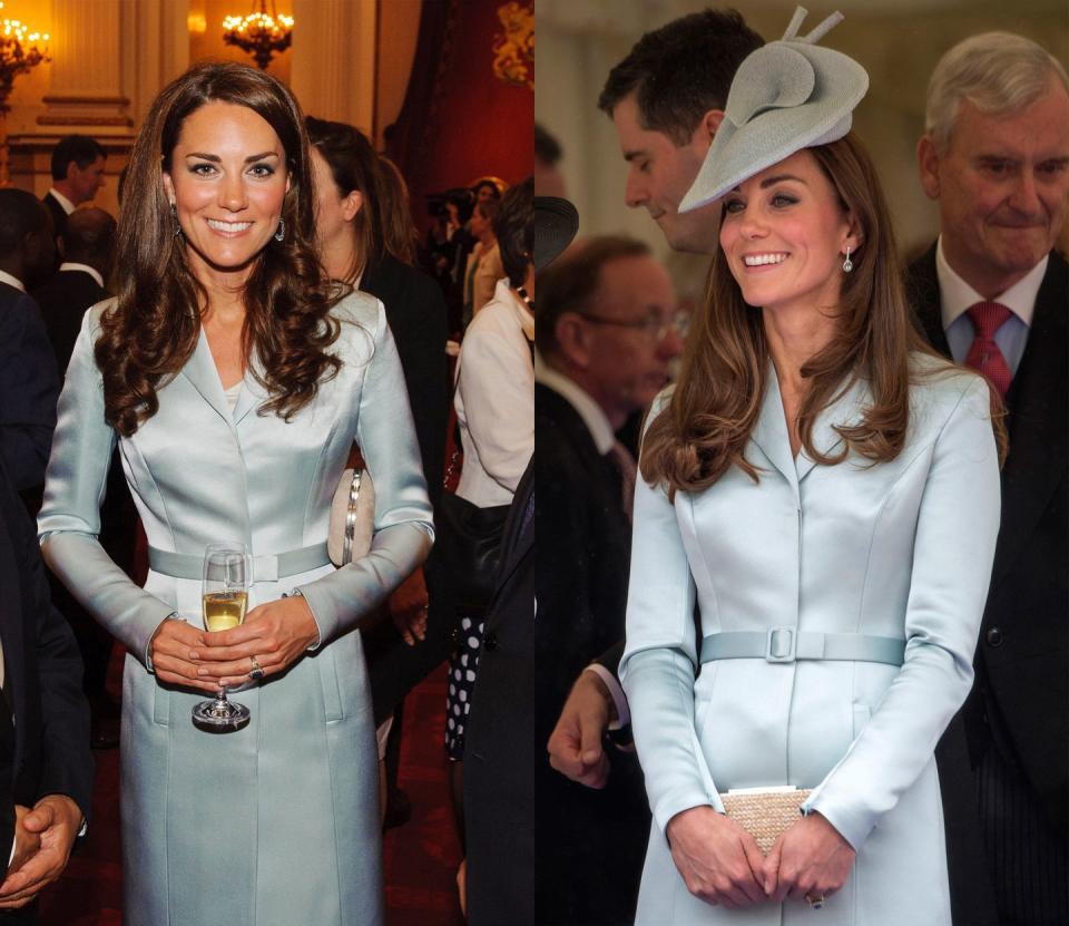 <p>Kate first wore this ice blue Christopher Kane dress to a reception at Buckingham Palace in July 2012, and then again in June 2014 with a matching hat for the Order of the Garter Service. </p>