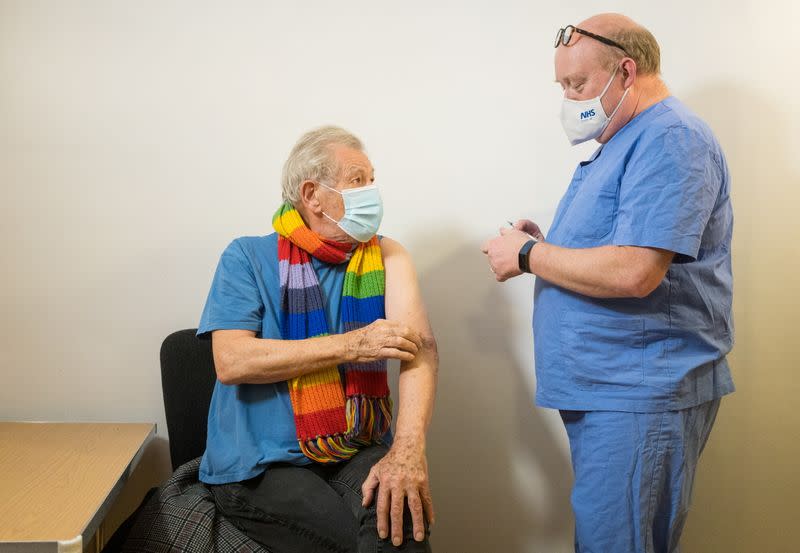 Actor Ian McKellen receives COVID-19 vaccine at Queen Mary University Hospital, in London