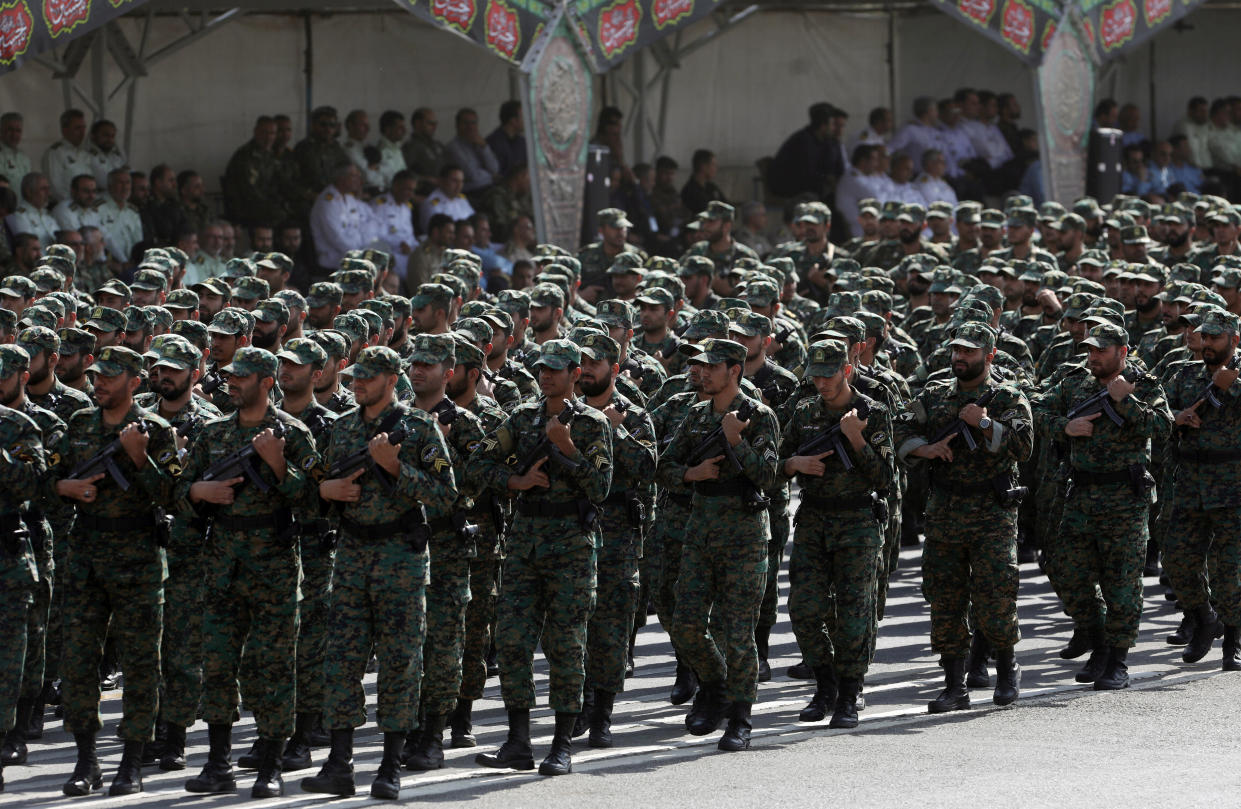 Iranian armed forces members march during the ceremony of the National Army Day parade in Tehran, Iran September 22, 2019. WANA (West Asia News Agency) via REUTERS   ATTENTION EDITORS - THIS IMAGE HAS BEEN SUPPLIED BY A THIRD PARTY