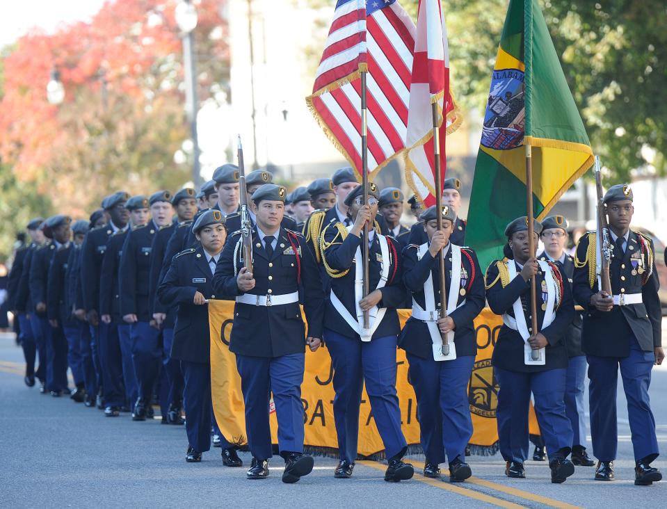 Members of the Gadsden City High School JROTC lead the Gadsden Veterans Parade down Broad Street on Nov. 6, 2019. The parade and the annual Patriots Luncheon that precedes it are set for Nov. 8 this year.
