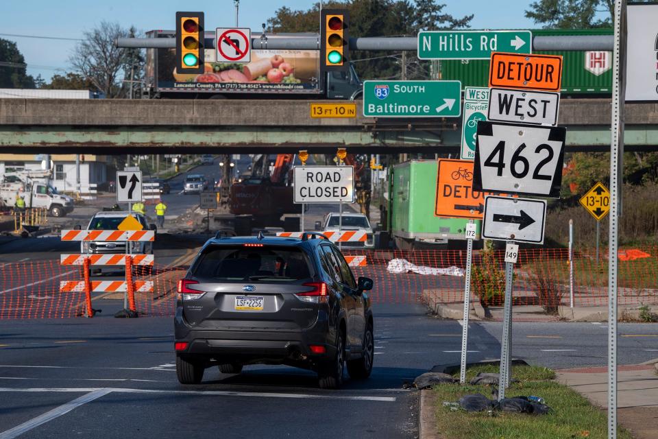 Looking west from North Hills Road in Springettsbury Township. All vehicles must turn right on North Hills Road after the bridge closure on August 27, 2022. A bike detour heads north and crosses back over north of Route 30.