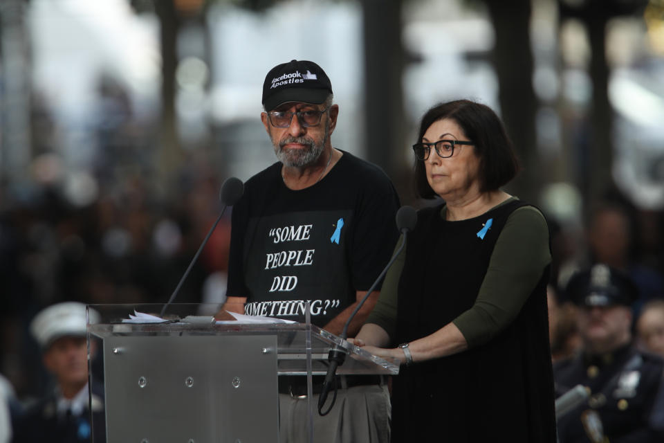 Nicholas Haros, who lost his mother, Frances, in the Sept. 11, 2001, terrorist attacks, wears a shirt critical of Rep. Ilhan Omar's comments while reading names at the National September 11 Memorial on September 11, 2019 in New York City. (Photo: Spencer Platt/Getty Images)