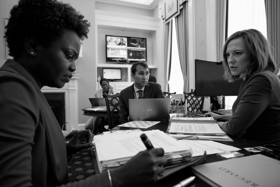 In the Zone
Psaki with Karine Jean-Pierre, the principal deputy press secretary and senior advisor to the press secretary (far left), and Kevin Munoz, the assistant press secretary.