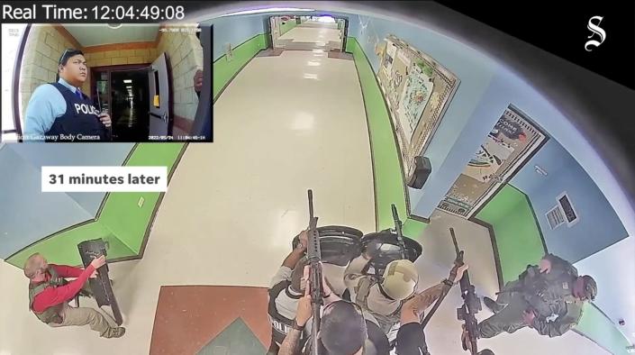 A screenshot from a video of the Robb Elementary School shooting in Uvalde, Texas, on May 24.