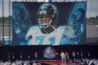 Former NFL player Tony Boselli speaks during his induction into the Pro Football Hall of Fame, Saturday, Aug. 6, 2022, in Canton, Ohio. (AP Photo/Gene J. Puskar)